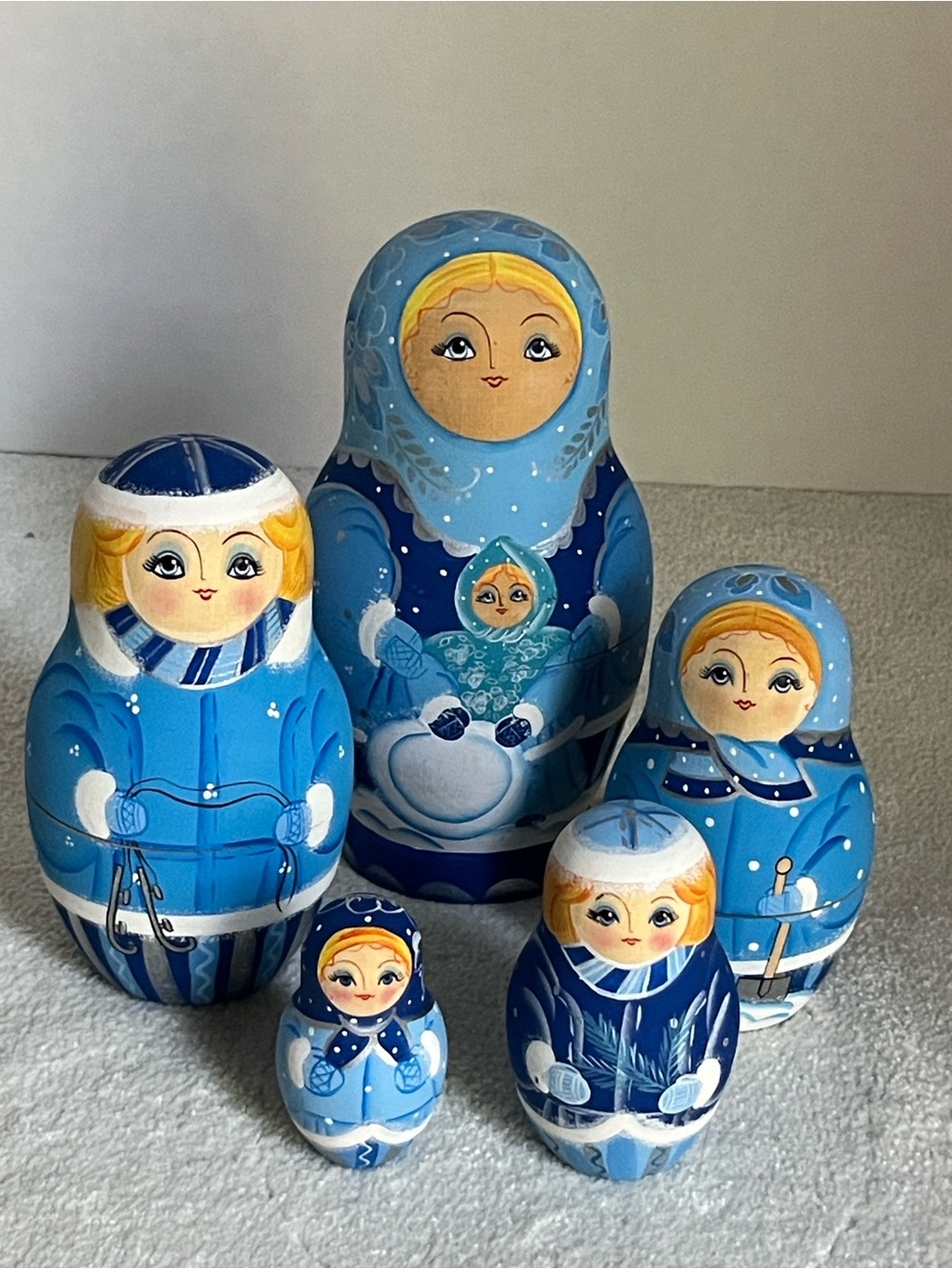 Nesting Dolls Set of 5 Matte Blue Hand-Painted Design